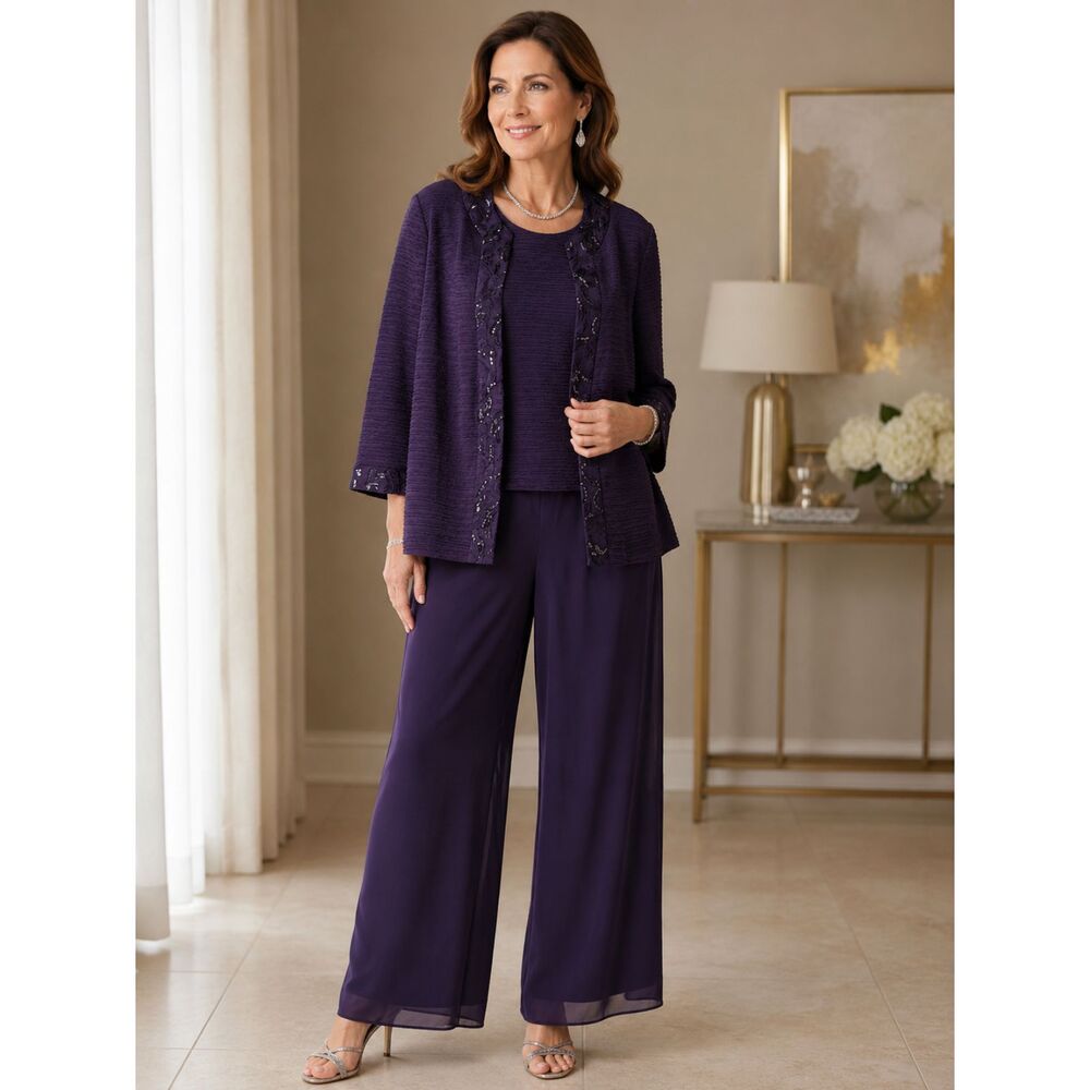 Le Bos Eggplant Purple 3-Piece Evening Pant Suit Embellished Jacket Formal 16W